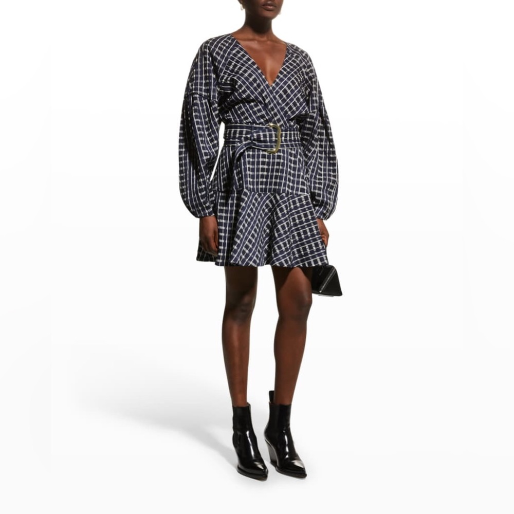 🆕 Tanya Taylor Nicola Puff-Sleeve Belted Check Mini Dress